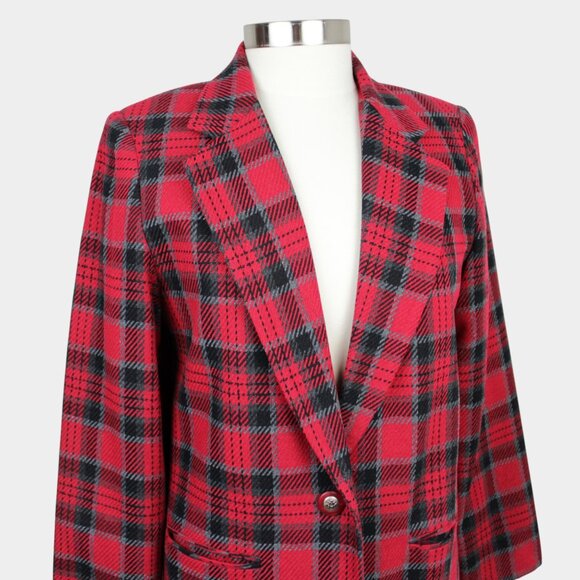 Vintage 80s Red Plaid Wool Blazer Jacket Size 8 - Picture 3 of 9